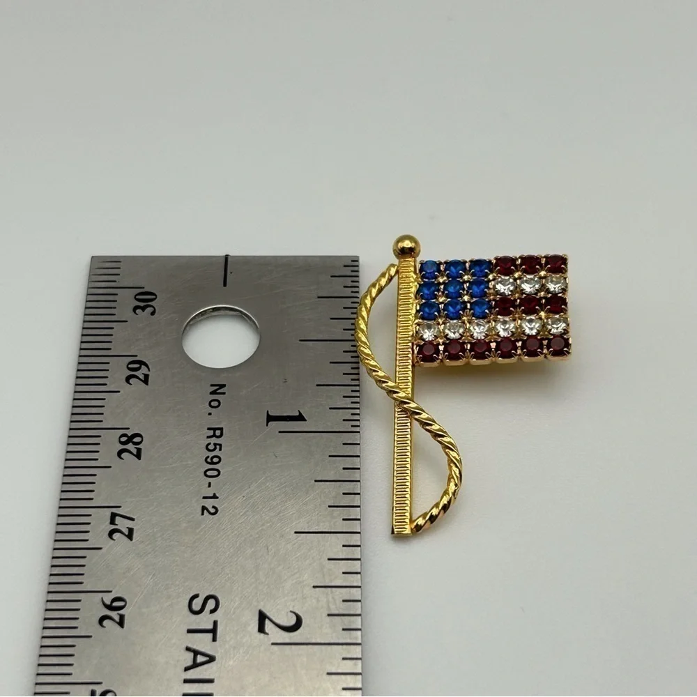Vintage USA American Rhinestone Red White and Blue Flag Small Brooch Patriotic